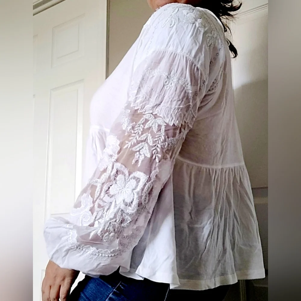 Free People Women Boho Blouse 100% Cotton Embroidered Puff Mesh Peplum Small/Med